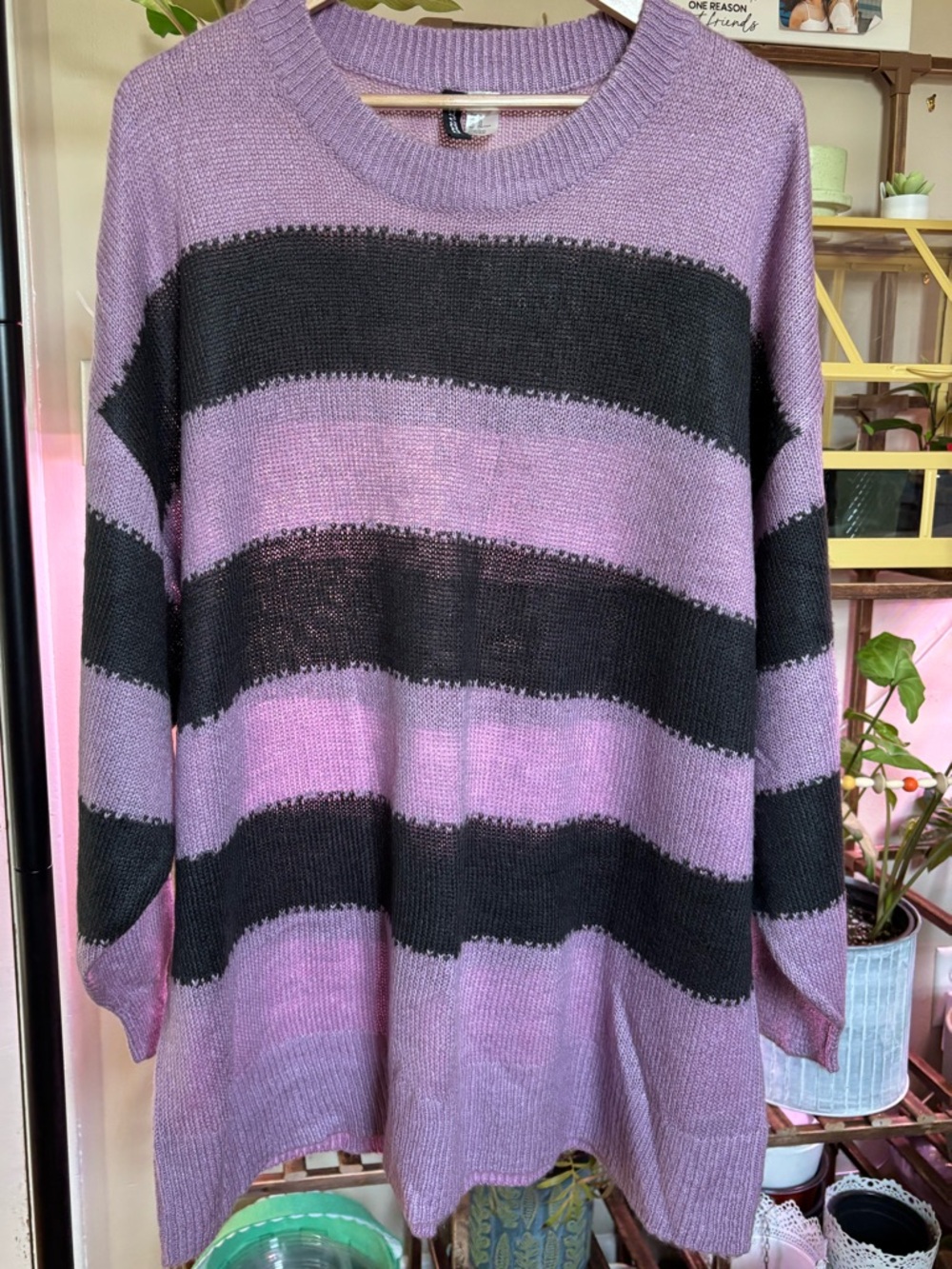 H&M Lavender and Black Striped Crewneck Sweater